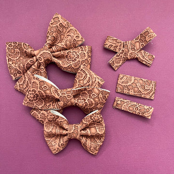 Taupe Lace Vegan Leather Bow