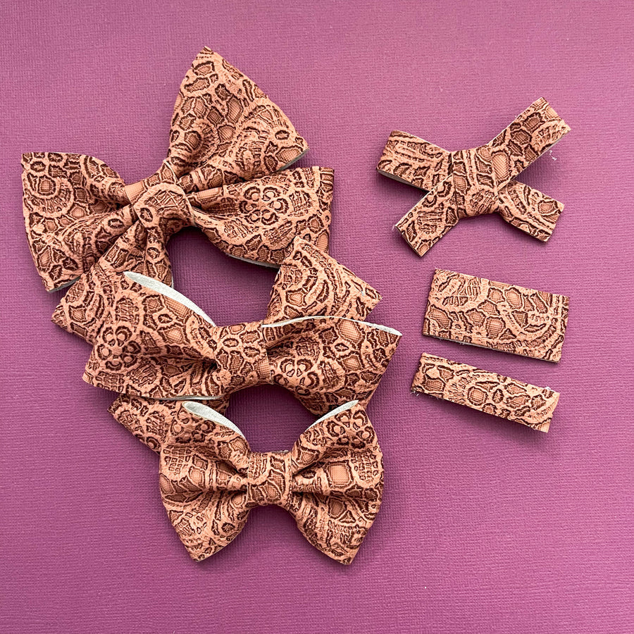 Taupe Lace Vegan Leather Bow